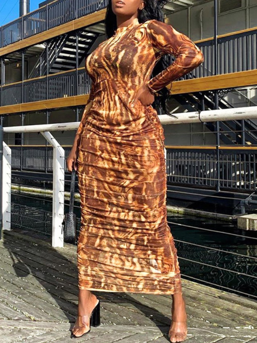 

lovely Vintage Half a turtleneck Tie-dye Dark Brown Ankle Length Dress