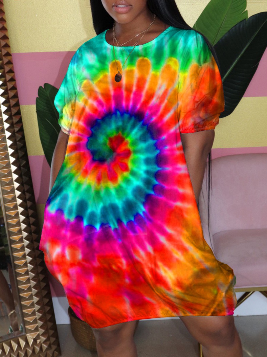 

Lovely Casual O Neck Tie-dye Jacinth Knee Length Dress