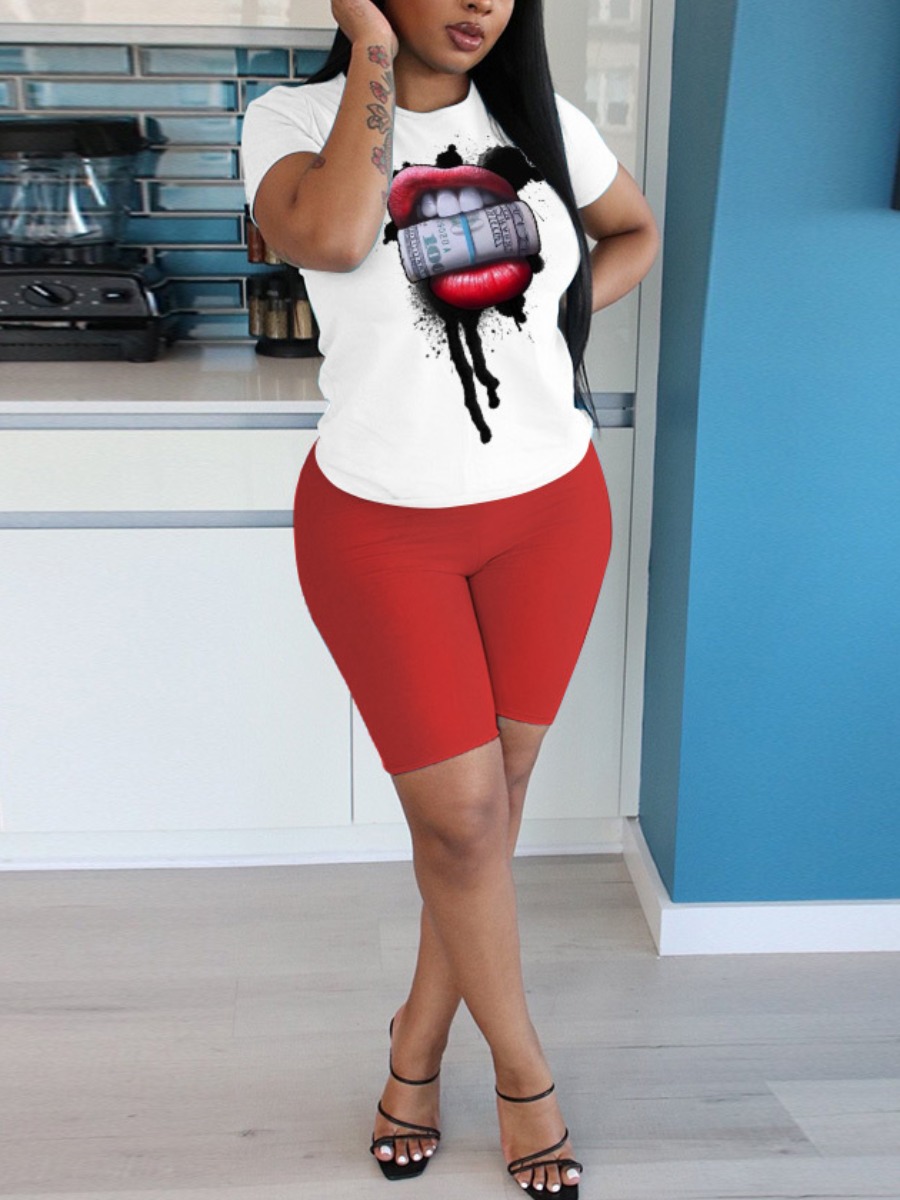 

lovely Casual O Neck Lip Print Red Two Piece Shorts Set