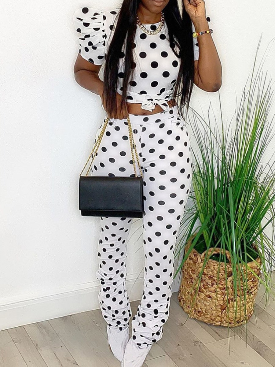 

lovely Sweet O Neck Dot Print White Two Piece Pants Set