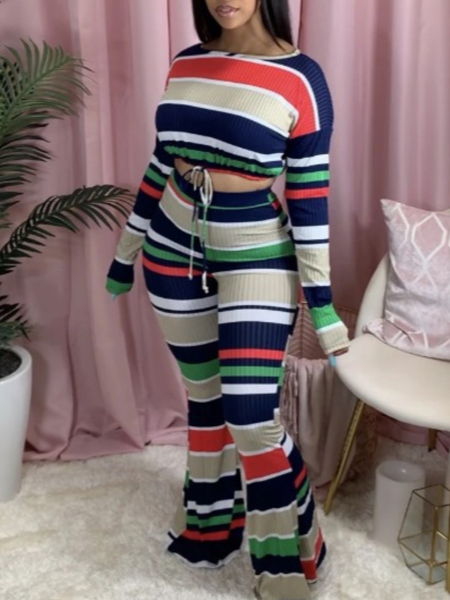 

lovely Casual Rainbow Striped Green Two Piece Pants Set