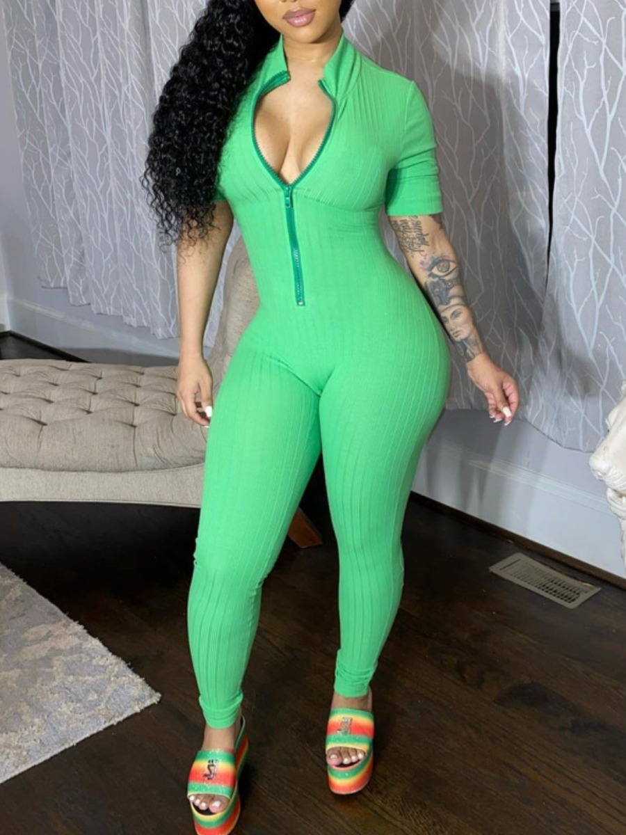 

Lovely Sportswear Zipper Design Skinny Green One-piece Jumpsuit