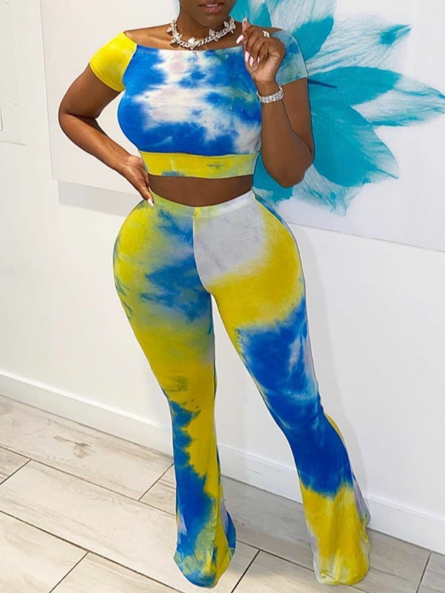 

lovely Stylish O Neck Tie Dye Multicolor Two Piece Pants Set, Multi