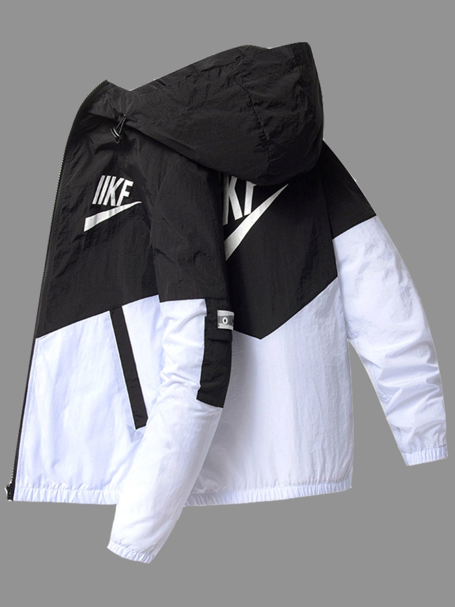 

Men Lovely Casual Hooded Collar Patchwork Letter Black Men Jacket