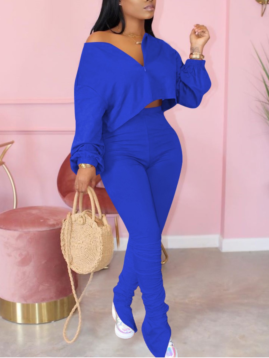 

Lovely Sportswear Zipper Design Blue Two Piece Pants Set