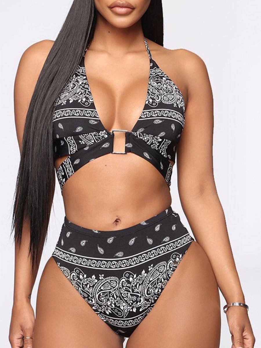 

lovely Cut-Out Print Black Two Piece Swimsuit