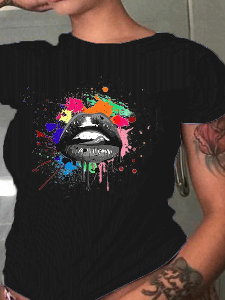 

lovely Casual O Neck Lip Print Black Plus Size T-shirt