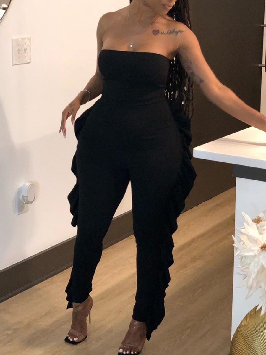 

lovely Trendy Dew Shoulder Flounce Design Black Plus Size One-piece Jumpsuit