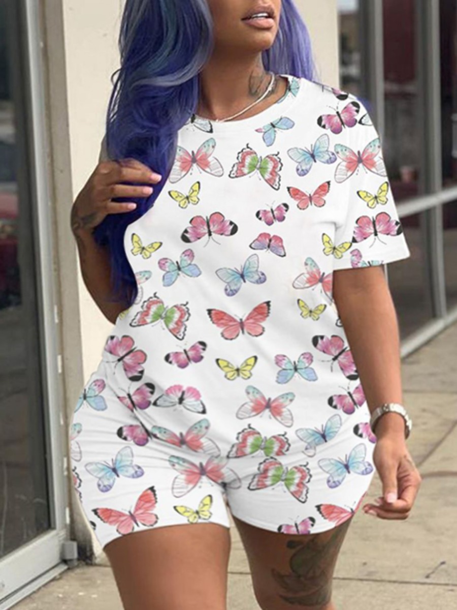 

lovely Casual O Neck Butterfly Print White Plus Size Two-piece Shorts Set