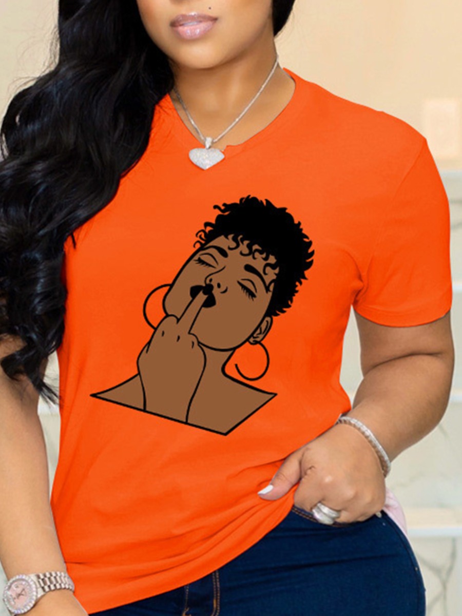 

lovely Street O Neck Print Orange Plus Size T-shirt