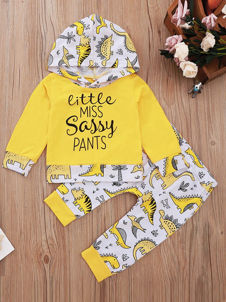 

lovely Sportswear Cartoon Print Patchwork Yellow Girl Two-piece Pants Set