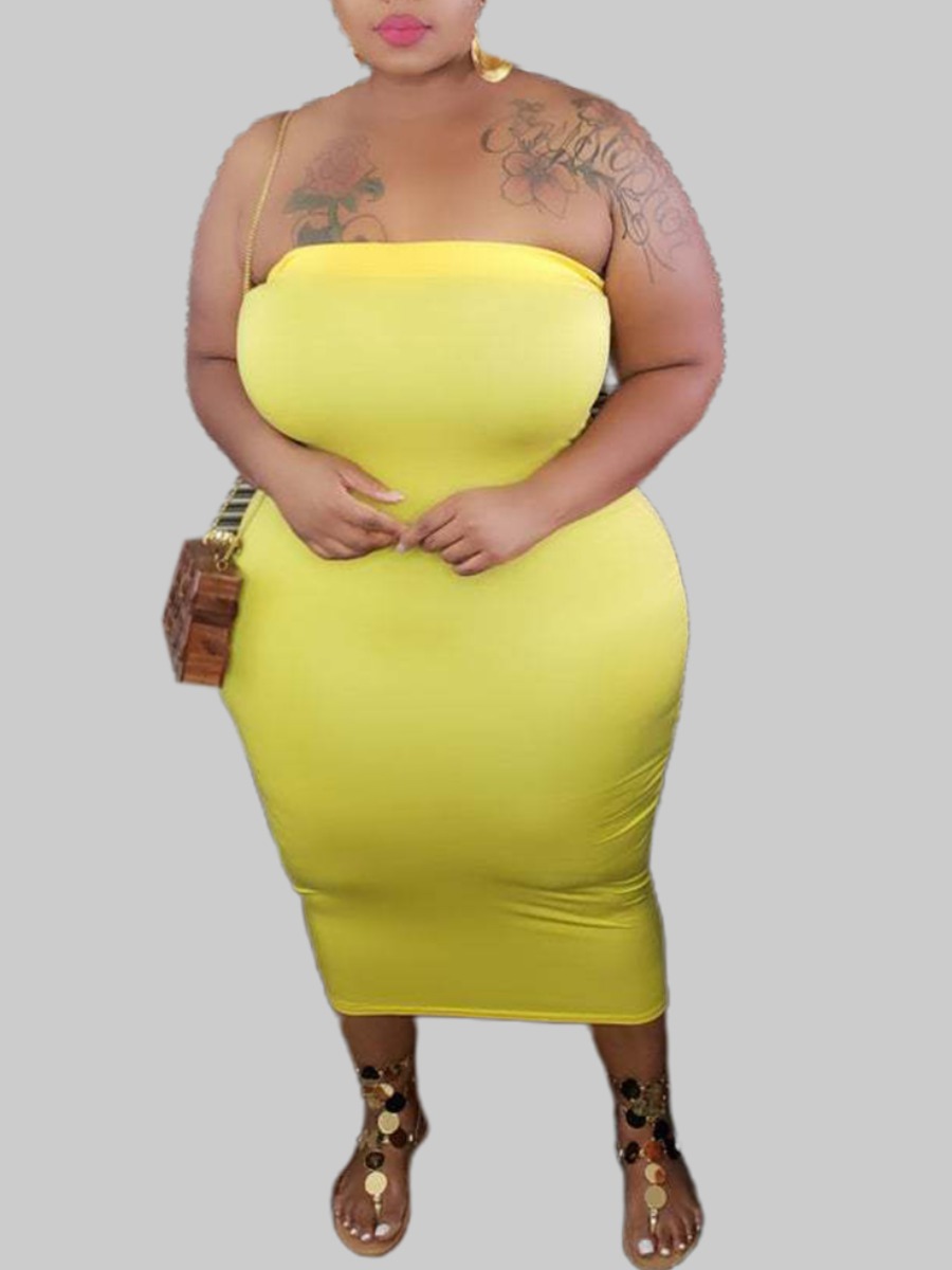 

lovely Sexy Dew Shoulder Skinny Yellow Mid Calf Plus Size Dress