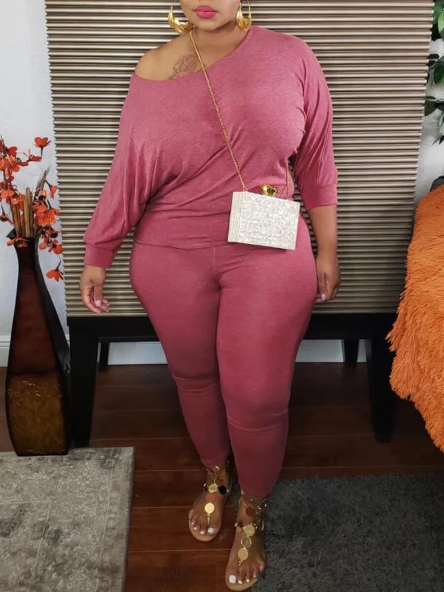 

Lovely Leisure Basic Skinny Pink Plus Size Two-piece Pants Set