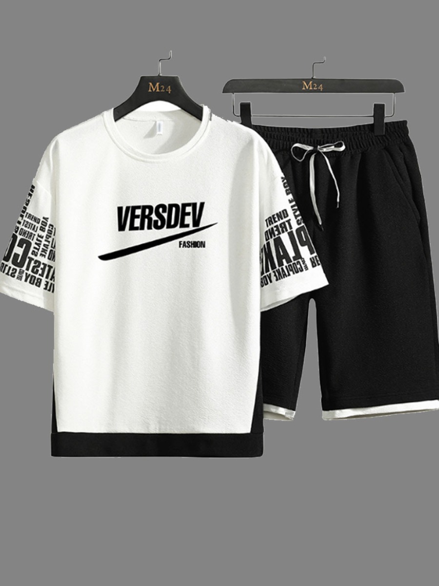 

Men lovely Leisure O Neck Letter Print White Two-piece Shorts Set