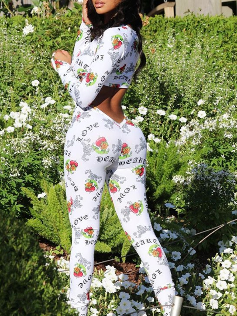 

lovely Sexy Lace-up Print White Two Piece Pants Set