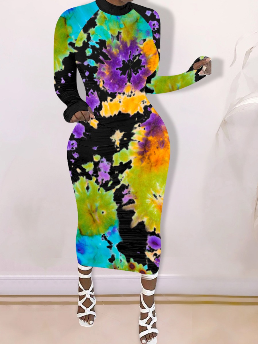 

lovely Casual O Neck Graffiti Print Black Mid Calf Dress