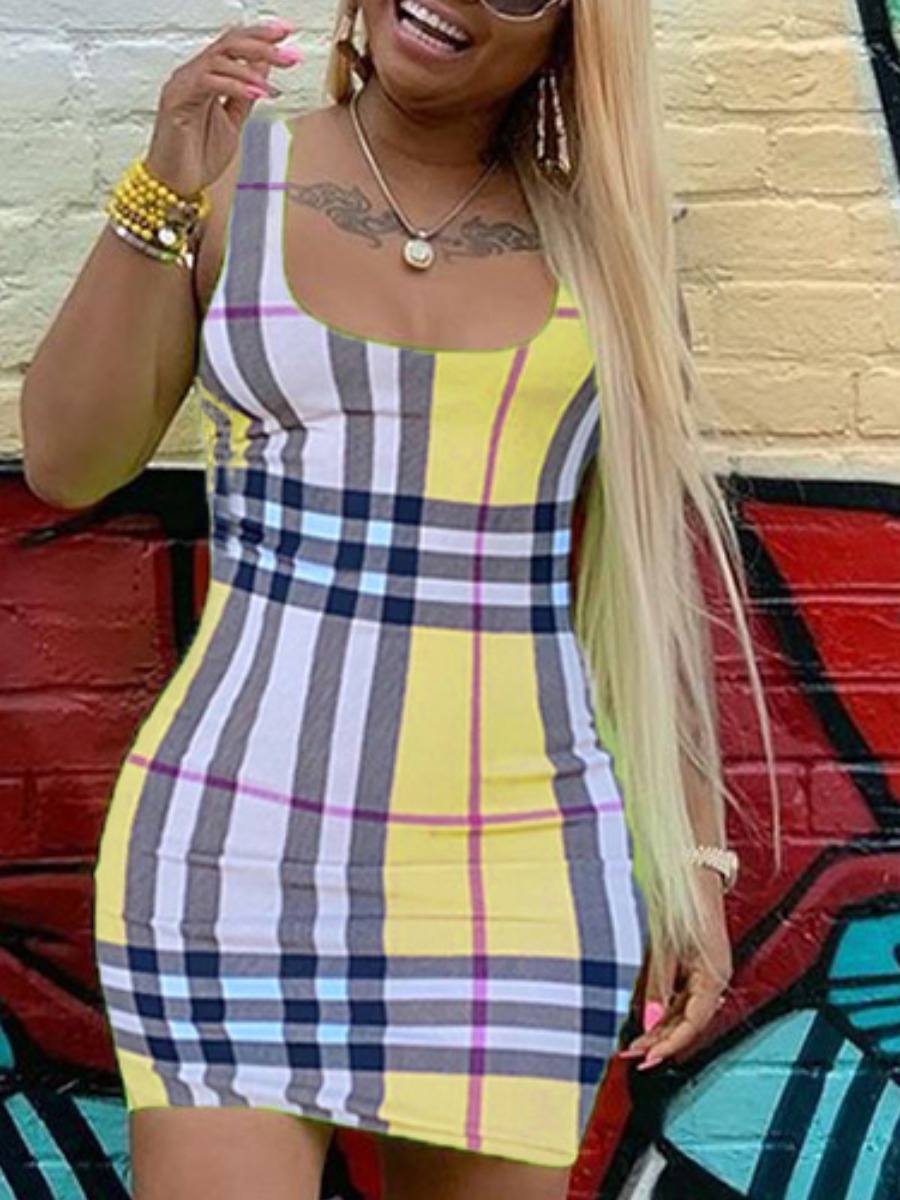 

lovely Street U Neck Grid Print Yellow Mini Dress
