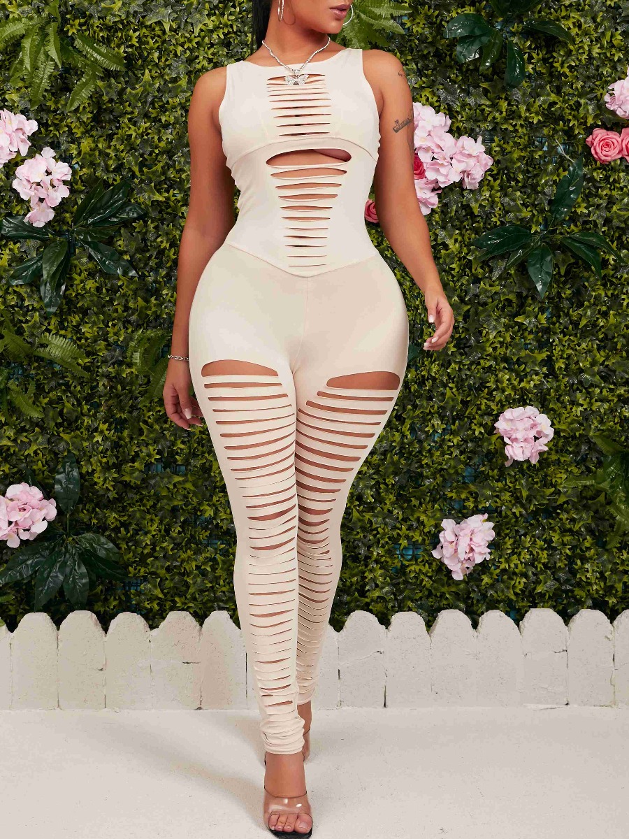 

lovely Sexy Sleeveless Hollow-out Khaki One-piece Jumpsuit