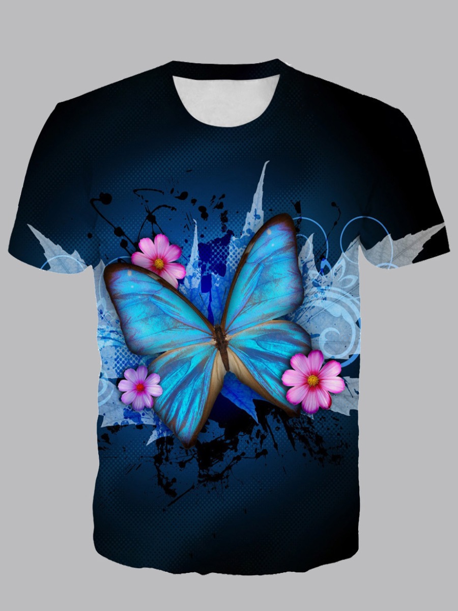 

Men lovely Trendy O Neck Butterfly Print Blue T-shirt