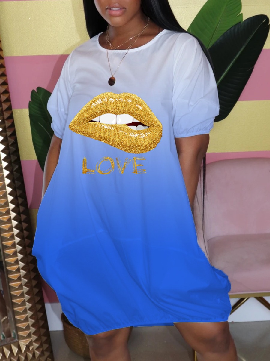 

lovely Casual O Neck Lip Print Blue Knee Length Dress