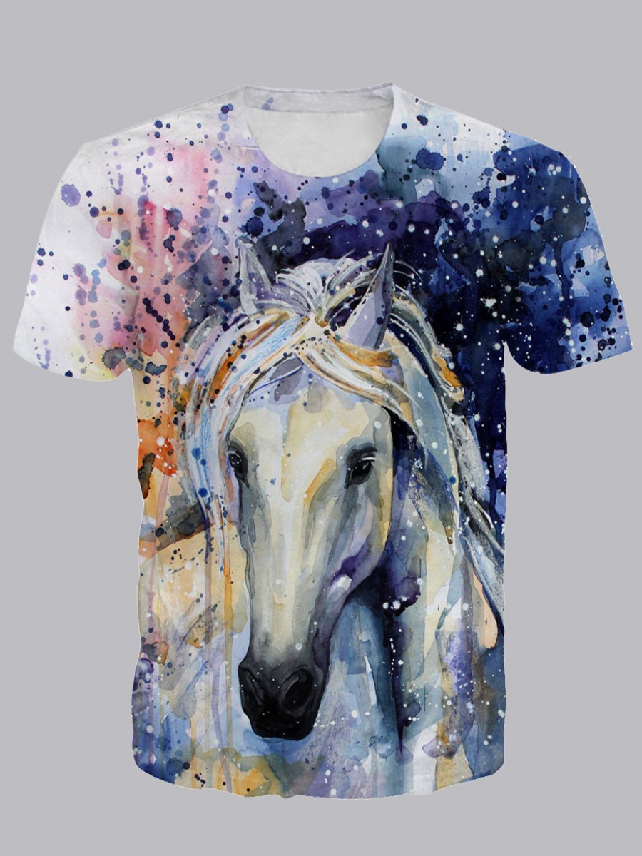 

Men lovely Street O Neck Unicorn Print Baby Blue T-shirt