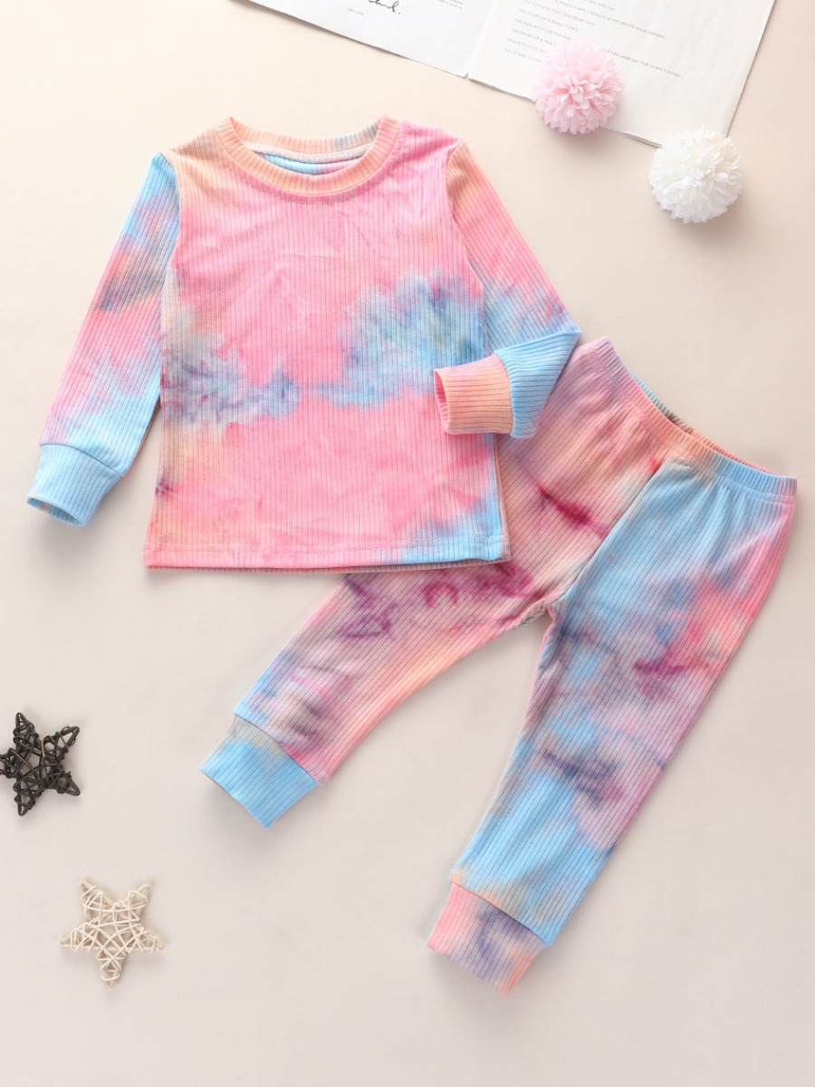 

lovely Casual O Neck Tie-dye Pink Girl Two-piece Pants Set