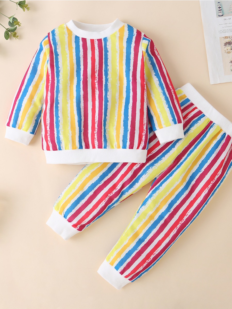 

lovely Trendy O Neck Striped Multicolor Girl Two-piece Pants Set, Multi
