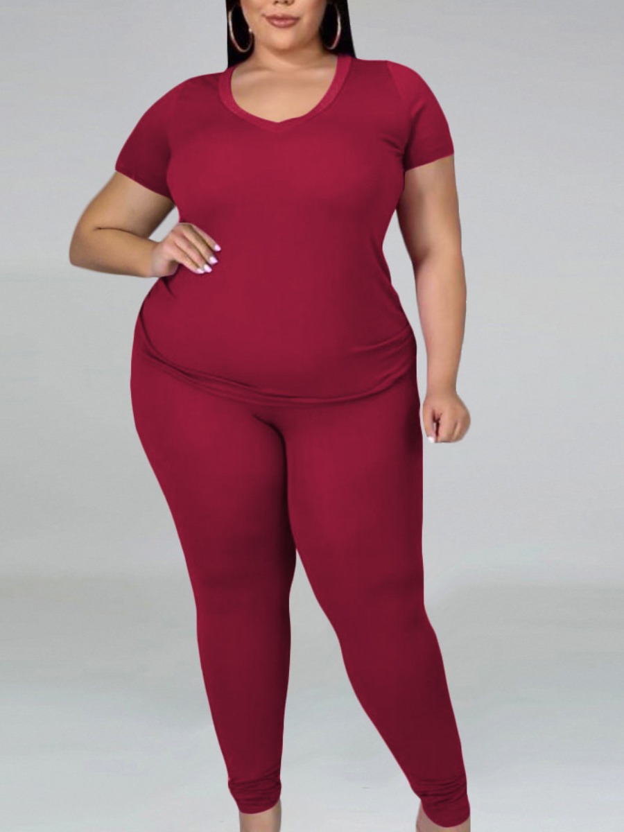 

lovely Casual V Neck Basic Skinny Wine Red Plus Size Two-piece Pants Set