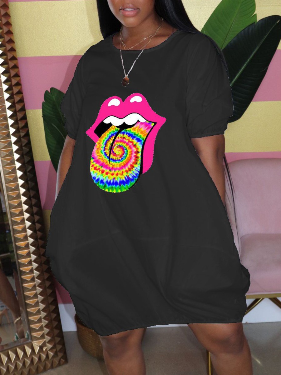 

lovely Leisure O Neck Lip Print Black Knee Length Plus Size Dress