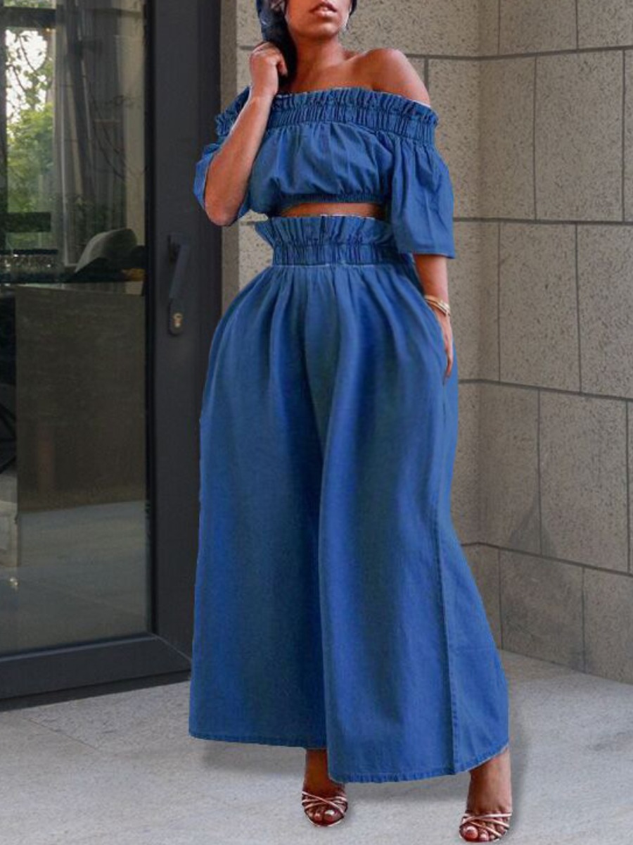 

lovely Trendy Dew Shoulder Fold Design Deep Blue Plus Size Two-piece Pants Set