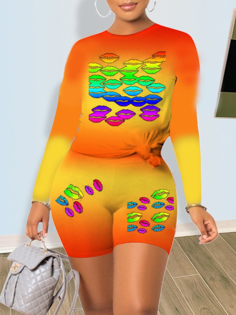 

lovely Casual O Neck Print Croci Plus Size Two-piece Shorts Set