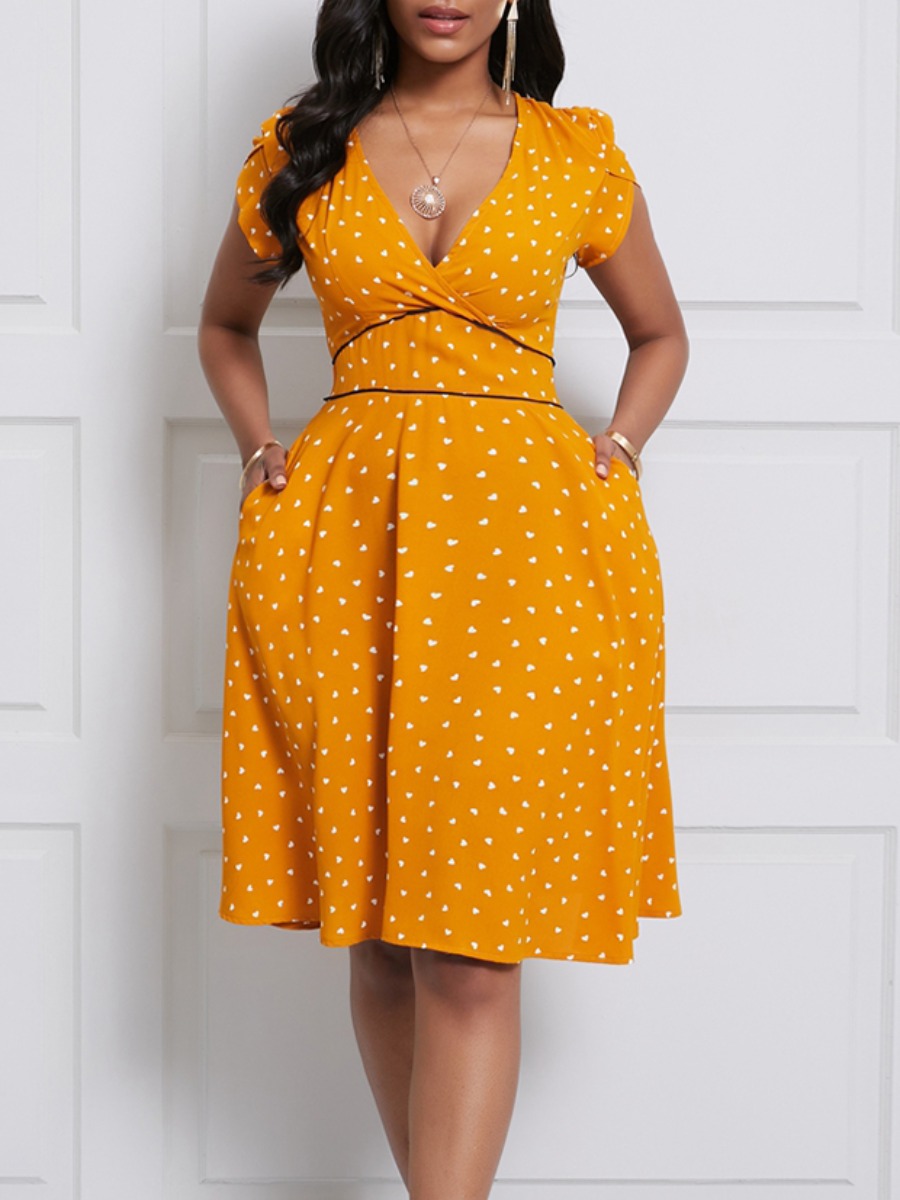 

lovely Trendy V Neck Dot Print Croci Knee Length Dress