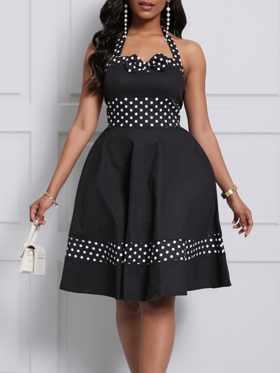 

lovely Trendy Dot Print Patchwork Black Knee Length Dress