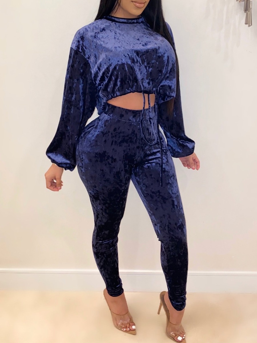 

lovely Leisure O Neck Drawstring Blue Two Piece Pants Set