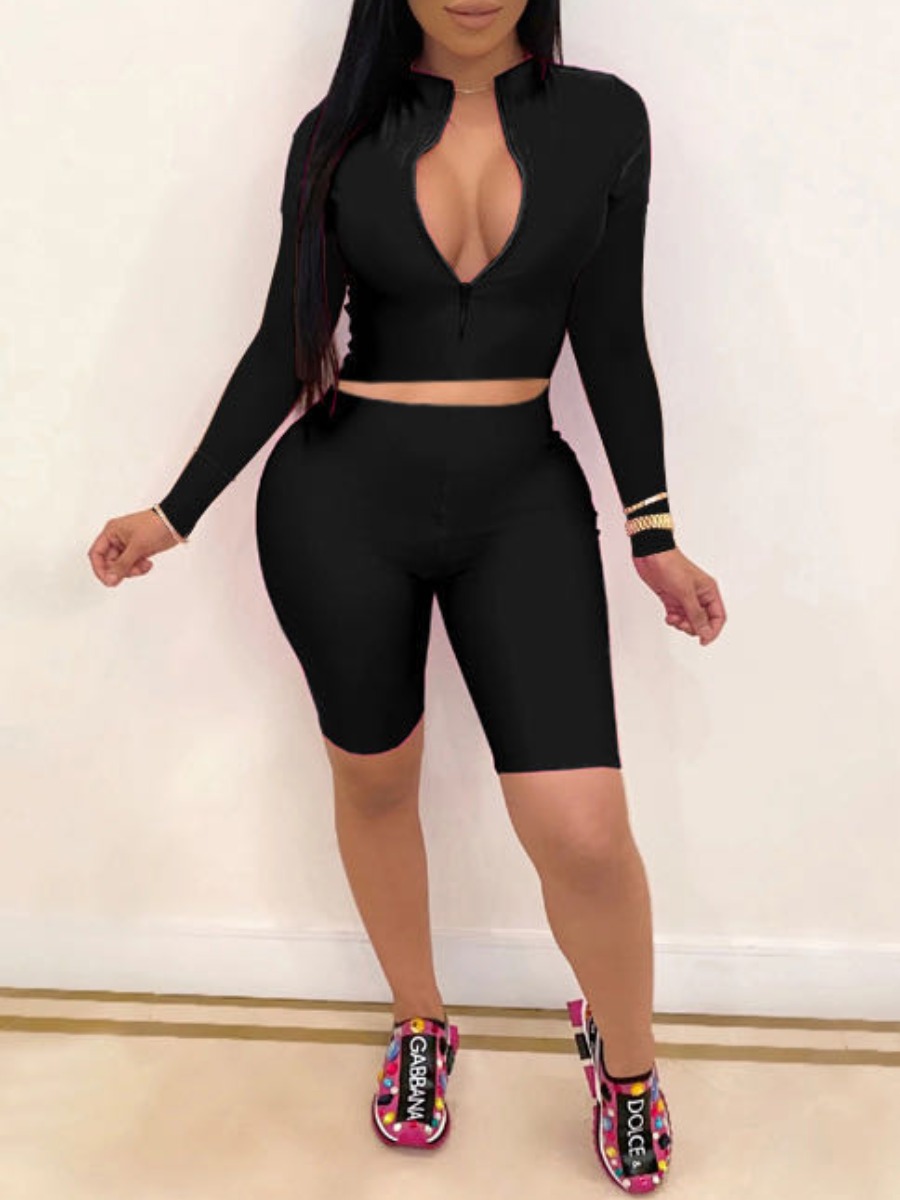 

Lovely Sportswear Zipper Design Skinny Black Two Piece Shorts Set