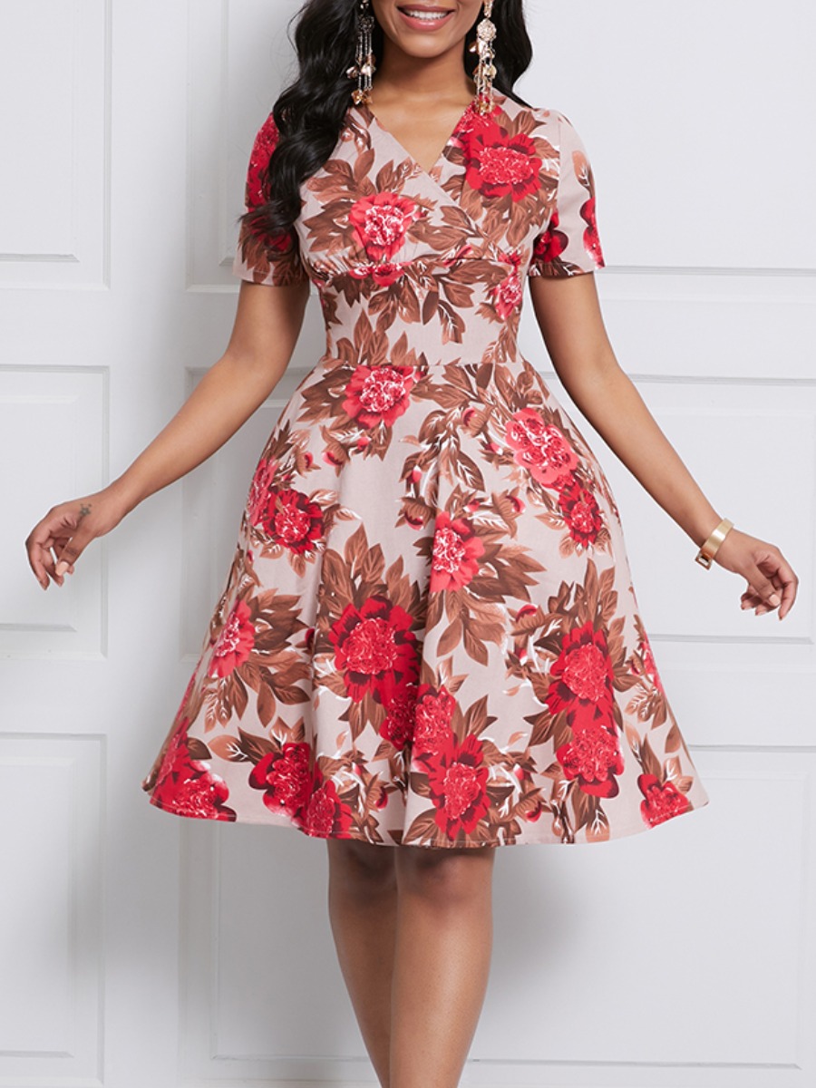 

lovely Stylish V Neck Floral Print Red Knee Length Dress