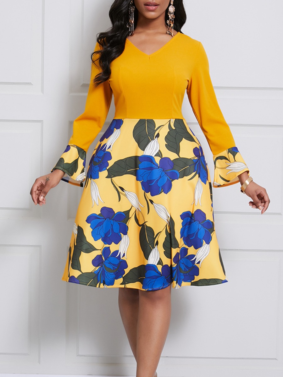 

lovely Trendy V Neck Print Patchwork Yellow Knee Length Dress