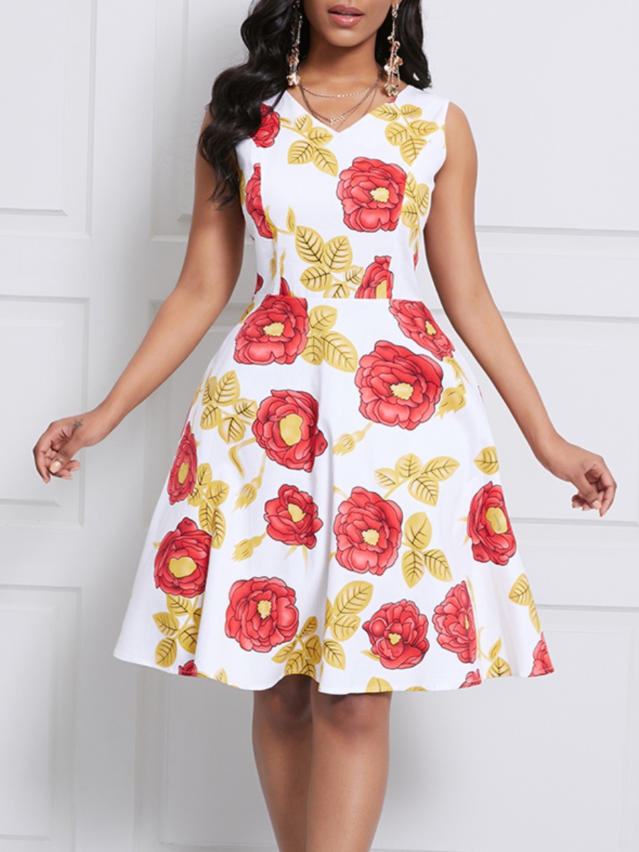 

lovely Trendy V Neck Floral Print Red Knee Length Dress
