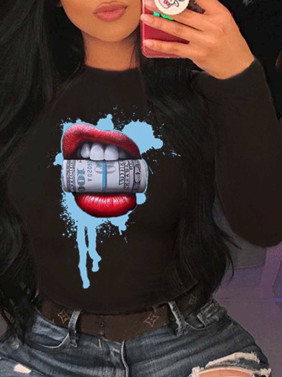

lovely Casual O Neck Lip Print Black T-shirt