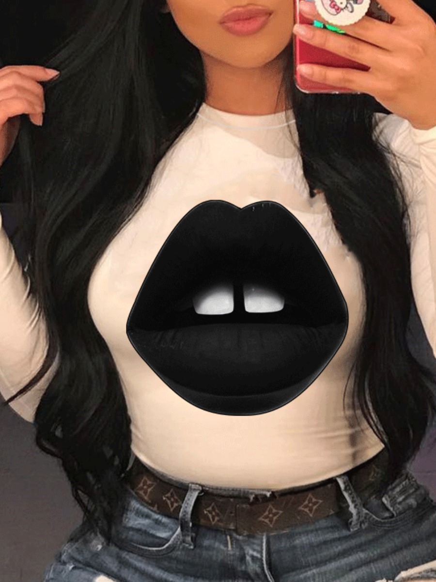 

Lovely Leisure O Neck Lip Print White T-shirt