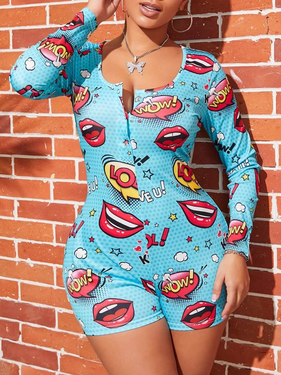 

Lovely Leisure Lip Print Skyblue One-piece Romper