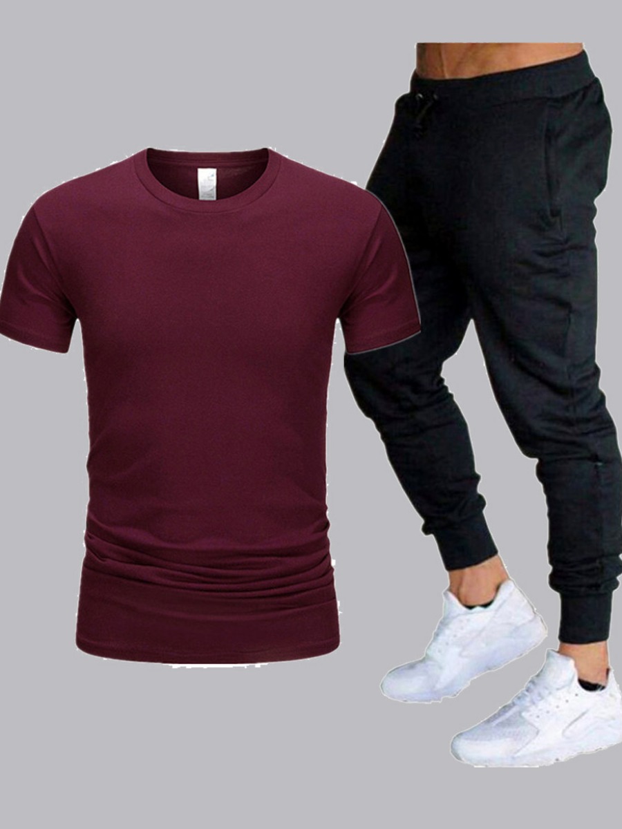 

Men lovely Casual O Neck Basic Skinny Wine Red Two-piece Shorts Set