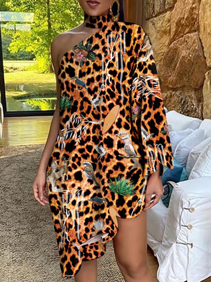 

lovely Street One Shoulder Leopard Print Asymmetrical Mini Plus Size Dress