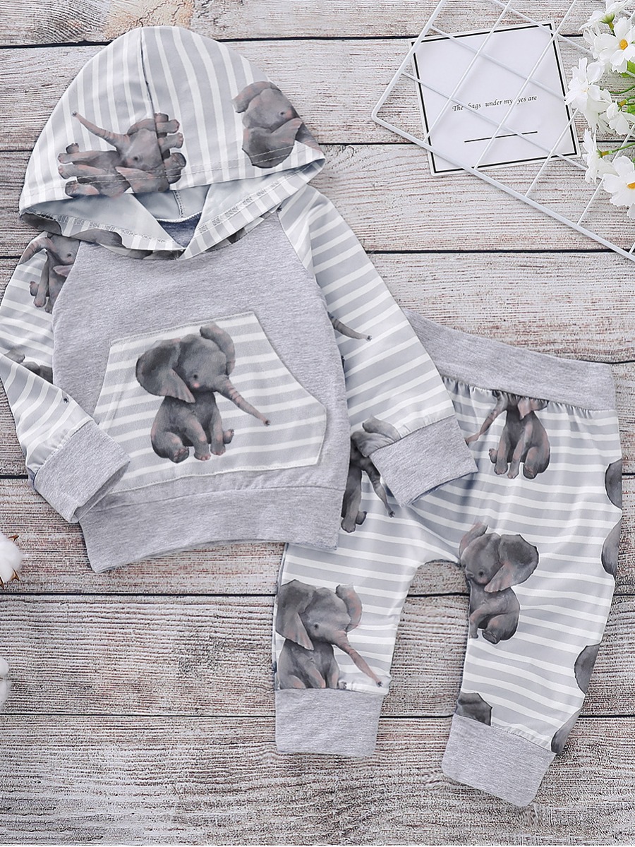 

lovely Sweet Hooded Collar Cartoon Print Grey Girl Two-piece Pants Set