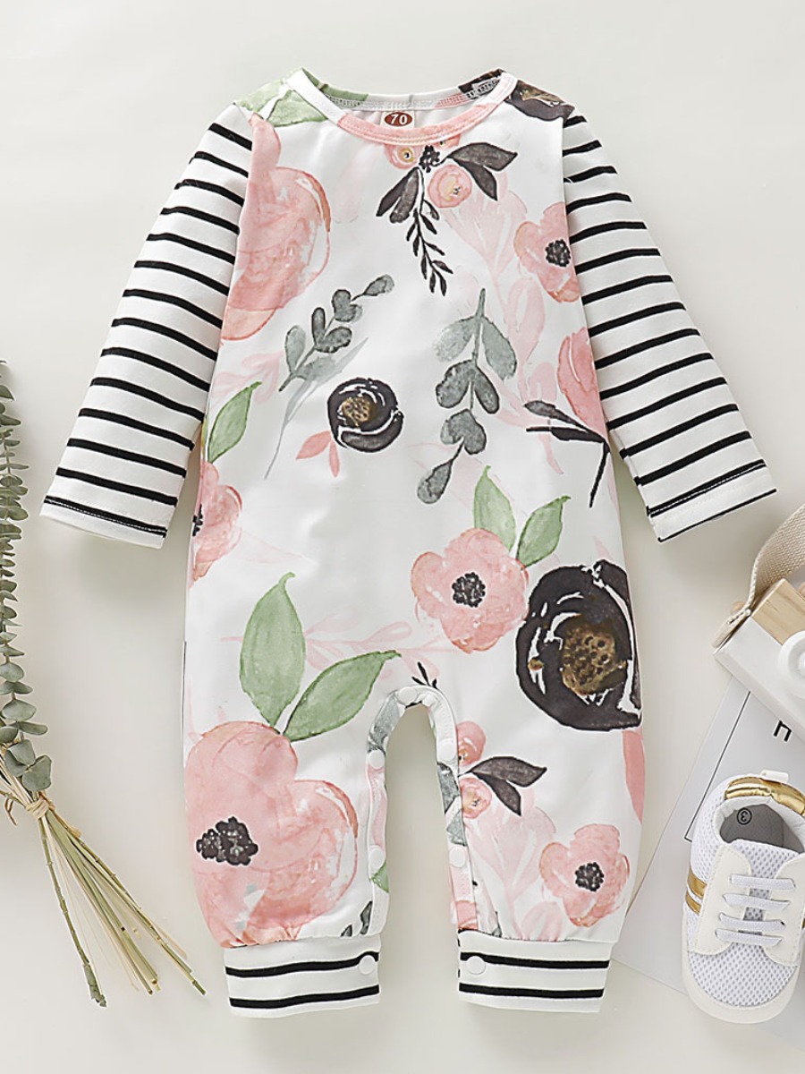 

lovely Trendy O Neck Print Patchwork White Girl One-piece Jumpsuit