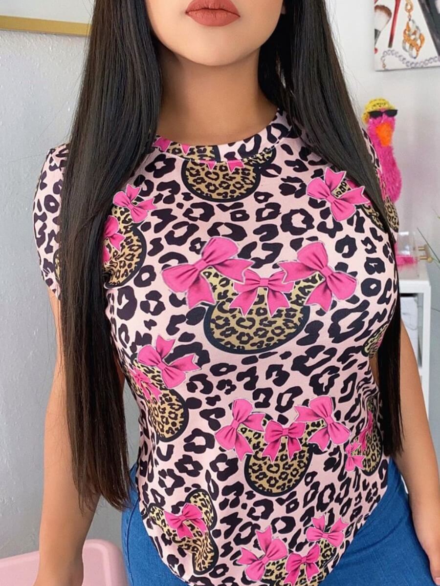 

Lovely Casual O Neck Print Pink T-shirt