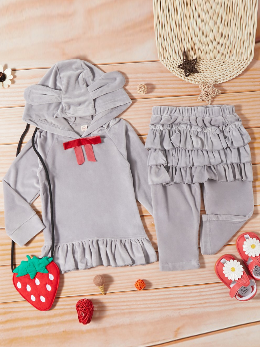 

lovely Trendy Hooded Collar Layered Cascading Ruffle Grey Girl Two-piece Pants Set