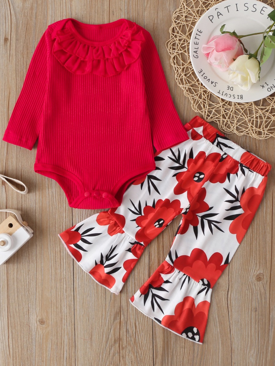 

lovely Casual O Neck Print Red Girl Two-piece Pants Set