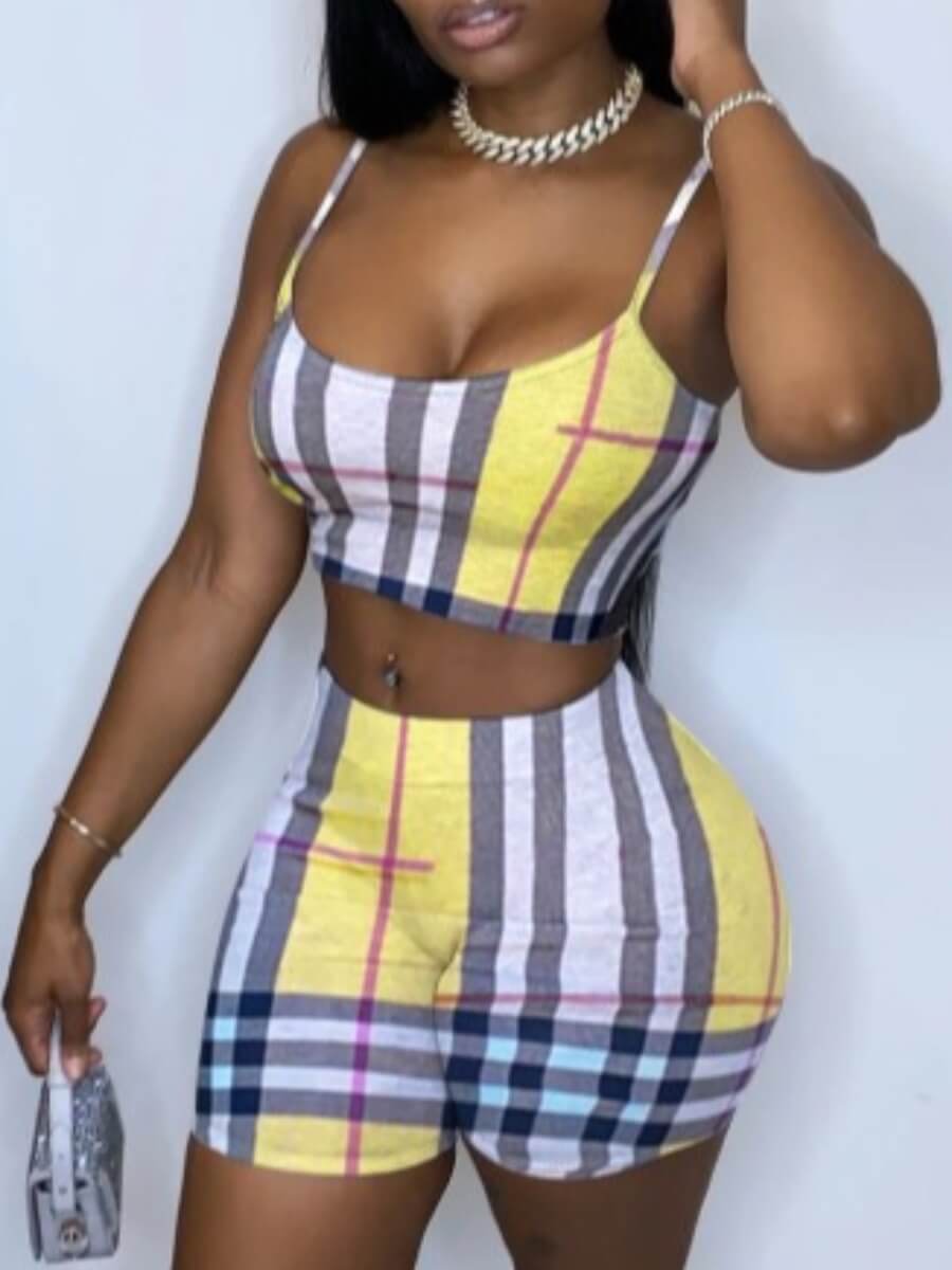 

LW Stylish Spaghetti Strap Grid Print Yellow Two Piece Shorts Set