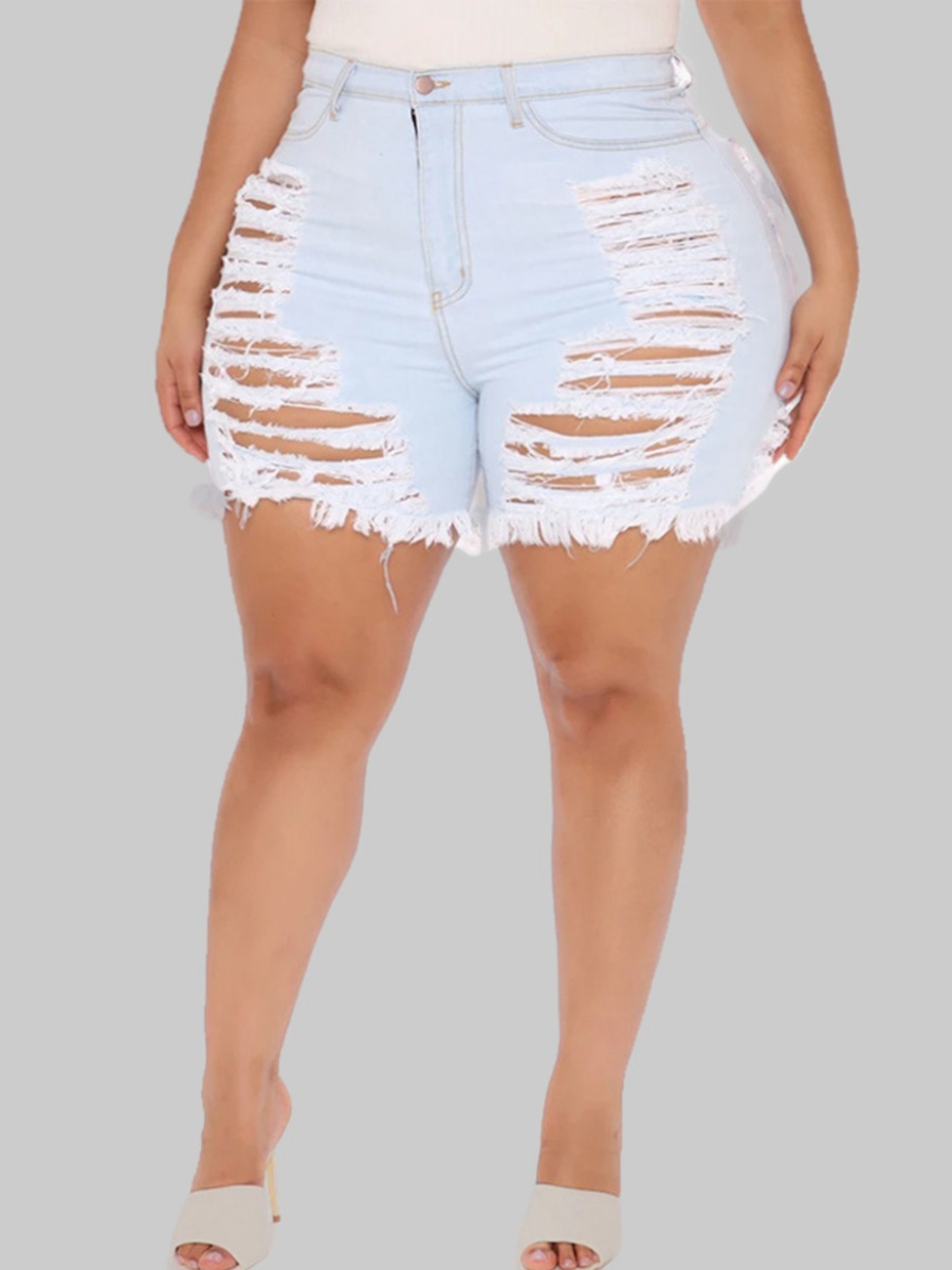 

Lovely Trendy Broken Holes Skyblue Plus Size Denim Shorts